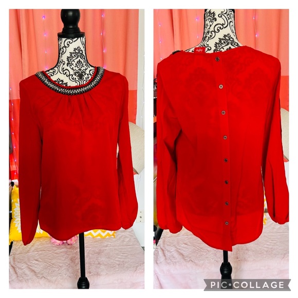 Daytrip Women’s Red Cut Out Sleeve Beaded Neck Button Up Back Blouse S - Picture 1 of 11